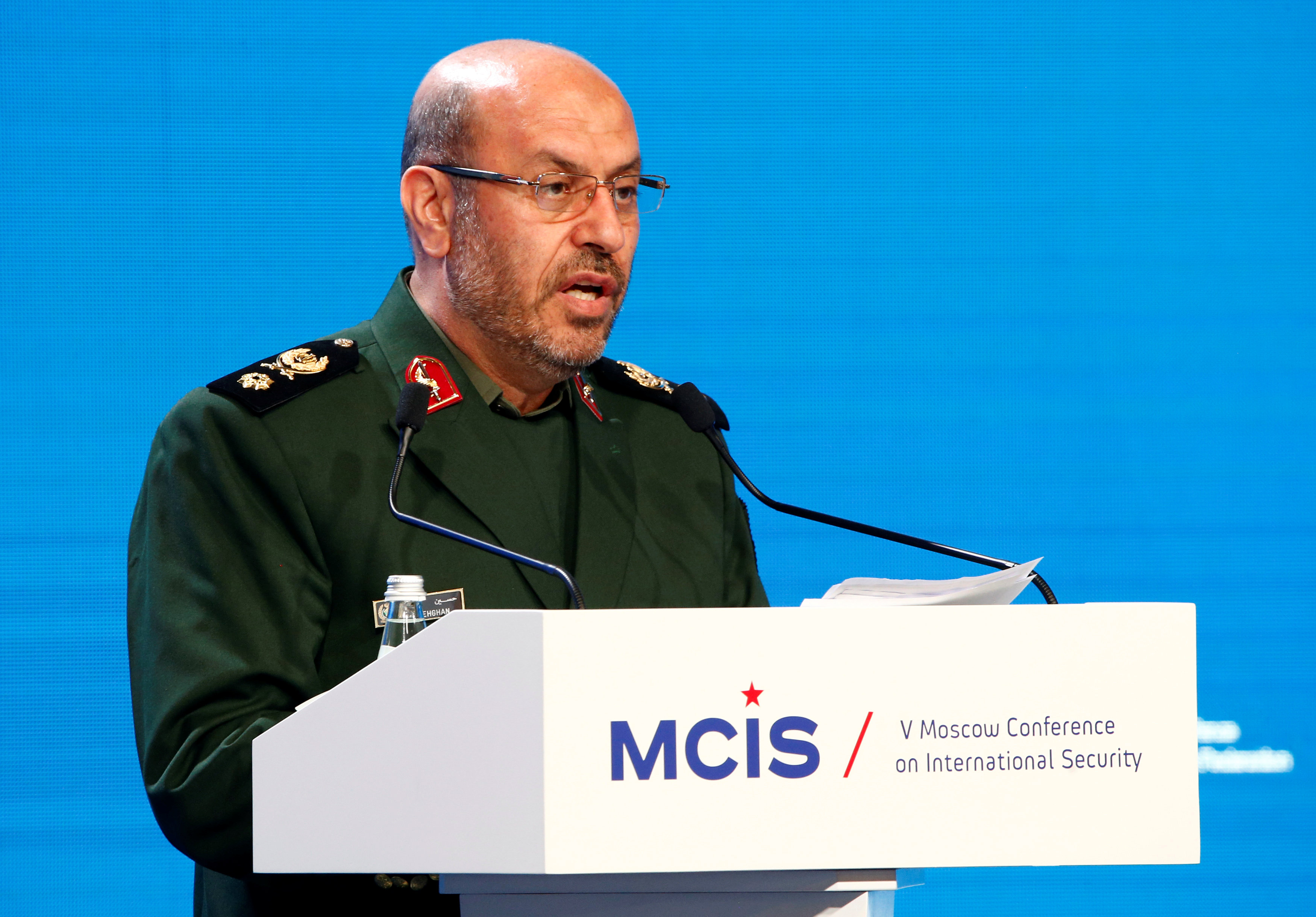 Iranian Defence Minister Dehghan delivers a speech as he attends 5th Moscow Conference on International Security in Moscow