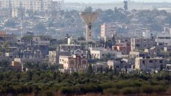 A water tower is seen after local residents said it was damaged by an Israeli shell at Beit Hanoun in Gaza, following a rocket that landed in the Israeli town of Sderot