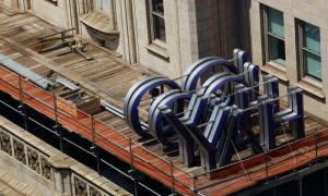 A Yahoo logo is seen on top of the building where they have offices in New York
