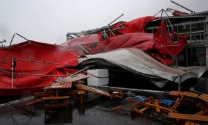 A damaged tent is see as Typhoon Megi hits Hualien, eastern Taiwan,