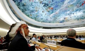 Dave Archambault II, chairman of the Standing Rock Sioux tribe, waits to give his speech against the Energy Transfer Partners' Dakota Access oil pipeline during the Human Rights Council at the United Nations in Geneva, Switzerland