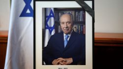 A photograph of former Israeli President Shimon Peres is displayed before the start of a special cabinet meeting to mourn the death of Peres, in Jerusalem
