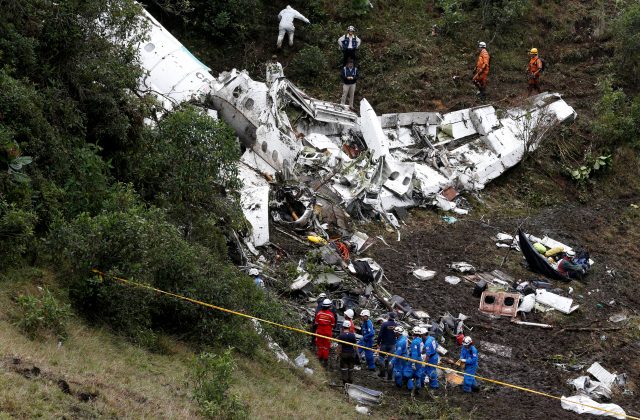 Rescue crews work at the wreckage of a plane that crashed into the Colombian jungle with Brazilian soccer team Chapecoense onboard near Medellin, Colombia,