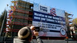 giant banner congratulating Donald Trump in Jerusalem, Israel