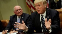 U.S. President Donald Trump talks to the media next to Secretary of Agriculture Sonny Perdue during a roundtable discussion with farmers at the White House in Washington, U.S. April 25, 2017. REUTERS/Yuri Gripas