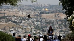 A crow flies past as Jewish school children gather at a look-out point on the Armon Hanatziv Promenade in Jerusalem May 11, 2017. Picture taken May 11, 2017. REUTERS/Amir Cohen