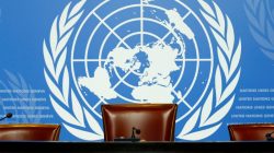 An empty seat is pictured before a news conference at the United Nations in Geneva, Switzerland, May 15, 2017.