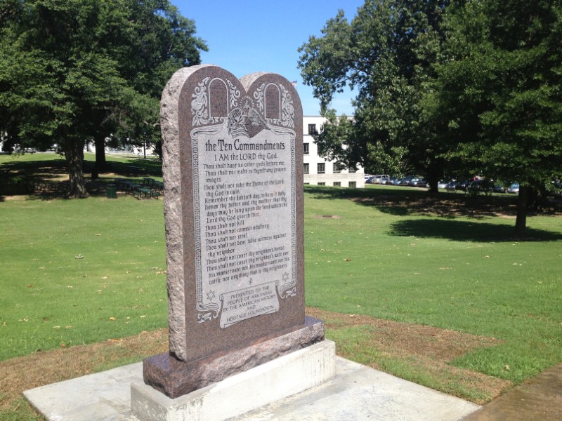 A statue of the Ten Commandments is seen after it was installed on the grounds of the state Capitol in Little Rock, Arkansas, U.S. June 27, 2017. REUTERS/Steve Barnes