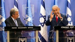 Israeli Prime Minister Benjamin Netanyahu (R) gestures as he delivers a joint statement with U.N. Secretary General Antonio Guterres in Jerusalem August 28,