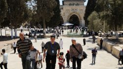 Muslim tourists (front) walk up stairs during their visit to the compound known to Muslims as Noble Sanctuary and to Jews as Temple Mount, in Jerusalem's Old City August 31, 2017. REUTERS/Ammar Awad