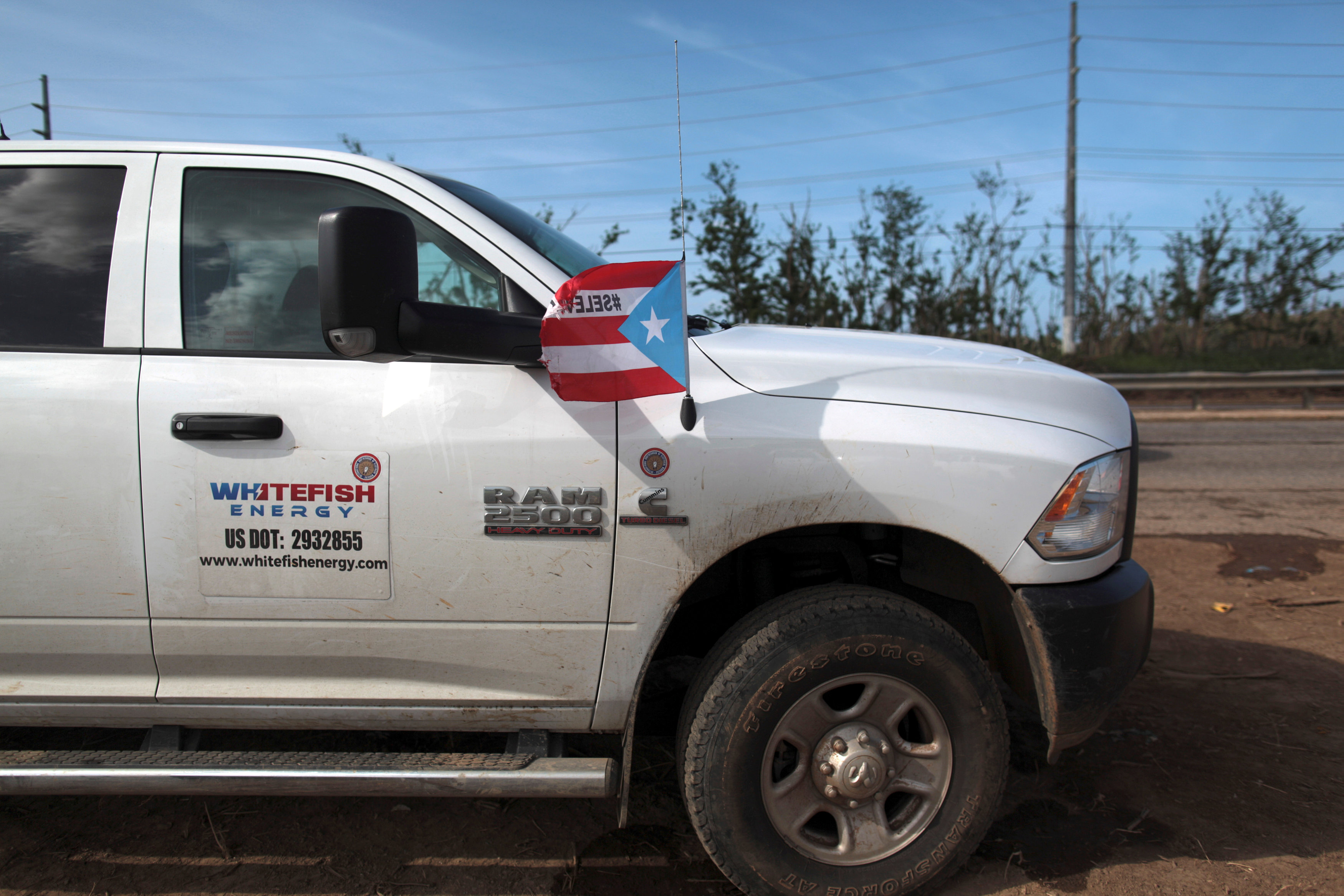 : A pickup truck from Montana-based Whitefish Energy Holdings is parked as workers (not pictured) help fix the island's power grid, damaged during Hurricane Maria in September, in Manati, Puerto Rico October 25, 2017.