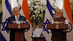 Israeli Prime Minister Benjamin Netanyahu speaks as his Indian counterpart Narendra Modi looks on during a signing of agreements ceremony at Hyderabad House in New Delhi, India January 15, 2018.