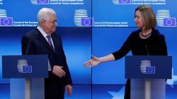 European High Representative for Foreign Affairs Federica Mogherini shakes hands with Palestinian President Mahmoud Abbas in Brussels, Belgium, January 22,