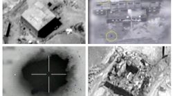 A combination image shows screen grabs taken from video material released on March 21, 2018 which the Israeli military describes as an Israeli air strike on a suspected Syrian nuclear reactor site near Deir al-Zor on Sept 6, 2007. Top row: The site before the attack (L), yellow circles depicting bombs during the air strike on the site (R). Bottom row: An explosion during the air strike on the site (L), debris seen on the site after the attack (R). IDF/Handout via Reuters TV