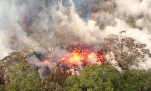 Lava spattering area from an area between fissures 16 and 20 is seen in Hawaii, U.S. May 16, 2018. Picture taken on May 16, 2018. USGS/Handout via REUTERS