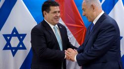 Paraguayan President Horacio Cartes shakes hands with Israeli Prime Minister Benjamin Netanyahu during a meeting at the Prime Minister's office in Jerusalem, following the dedication ceremony of the embassy of Paraguay in Jerusalem, May 21, 2018. Sebastian Scheiner/Pool via Reuters