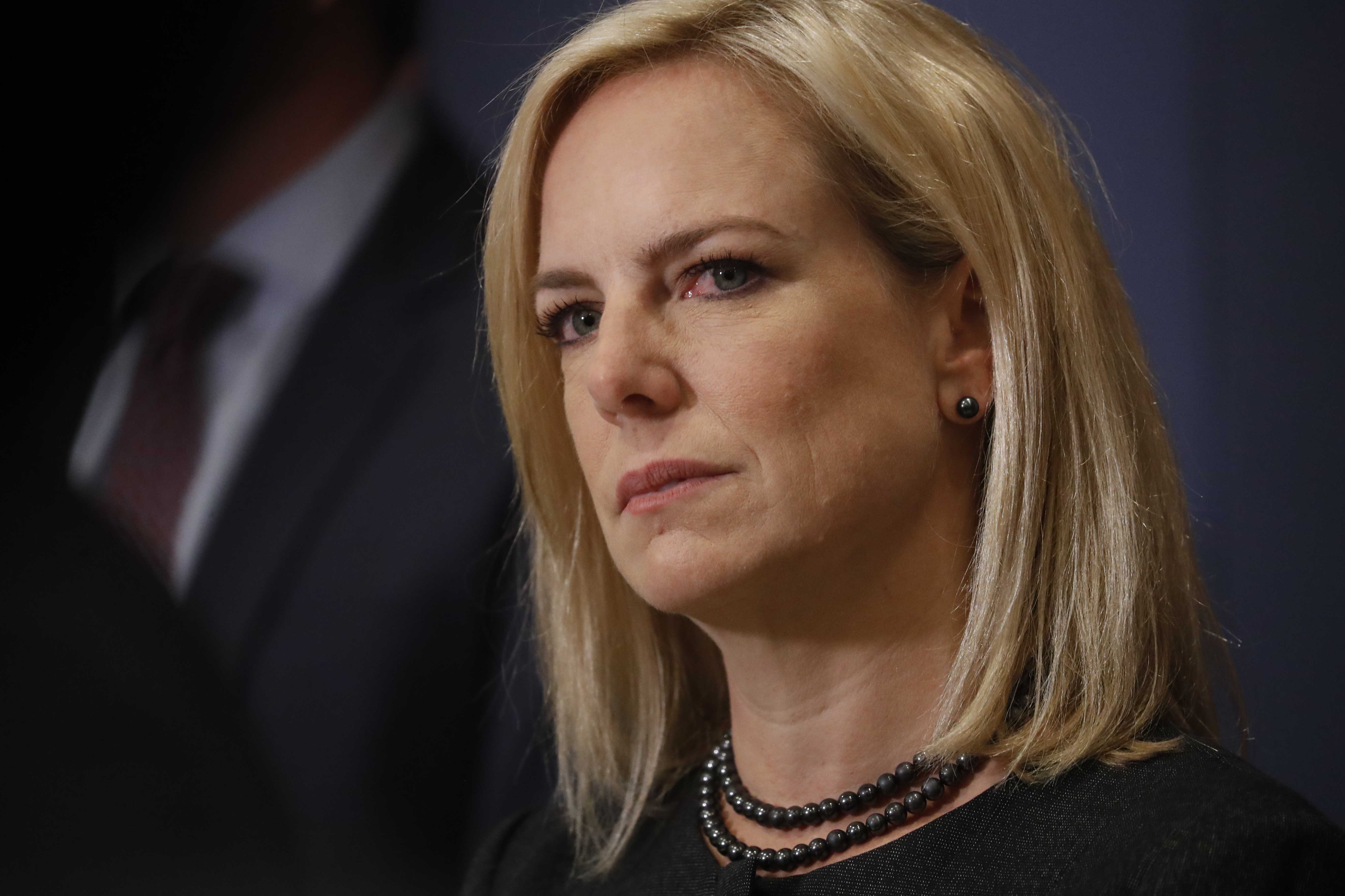 U.S. Secretary of Homeland Security Kirstjen Nielsen speaks to reporters after she, FBI Director Christopher Wray and Director of National Intelligence Daniel Coats briefed members of the U.S. House of Representatives on election security at the U.S. Capitol in Washington, U.S., May 22, 2018. REUTERS/Leah Millis