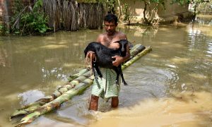 A man carries his goat as he wades through a flooded area at a village in Nagaon district, in the northeastern state of Assam, India, June 19, 2018. REUTERS/Anuwar Hazarika