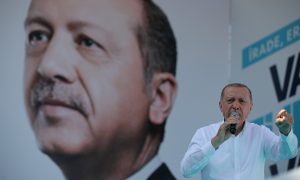 FILE PHOTO: Turkish President Tayyip Erdogan addresses his supporters during an election rally in Ankara, Turkey, June 9, 2018. REUTERS/Umit Bektas/File Photo