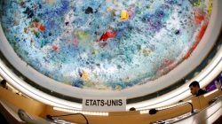 The name place sign of the United States is pictured one day after the U.S. announced their withdraw during a session of the Human Rights Council at the United Nations in Geneva, Switzerland June 20, 2018. Picture taken with a fisheye lens. REUTERS/Denis Balibouse