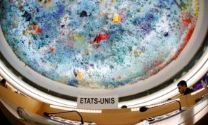 The name place sign of the United States is pictured one day after the U.S. announced their withdraw during a session of the Human Rights Council at the United Nations in Geneva, Switzerland June 20, 2018. Picture taken with a fisheye lens. REUTERS/Denis Balibouse
