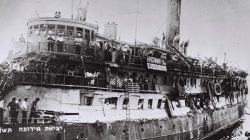 Illegal Jewish immigrants from Europe are seen on the ship "Exodus" in Haifa port in this March 22, 1947 file photo released by the Israeli Government Press Office (GPO) and obtained by Reuters on June 18, 2018. GPO/Frank Shershel/Handout via REUTERS