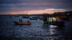 FILE PHOTO: Palestinian fishermen ride their boats as they return from fishing at the seaport of Gaza City early morning September 26, 2016. REUTERS/Mohammed Salem/File Photo