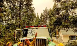 U.S. Forest Service respond to a wilfire in Mariposa County, California, U.S., July 17, 2018 in this still image taken from a social media video obtained July 19, 2018. ERIC STROH/via REUTERS