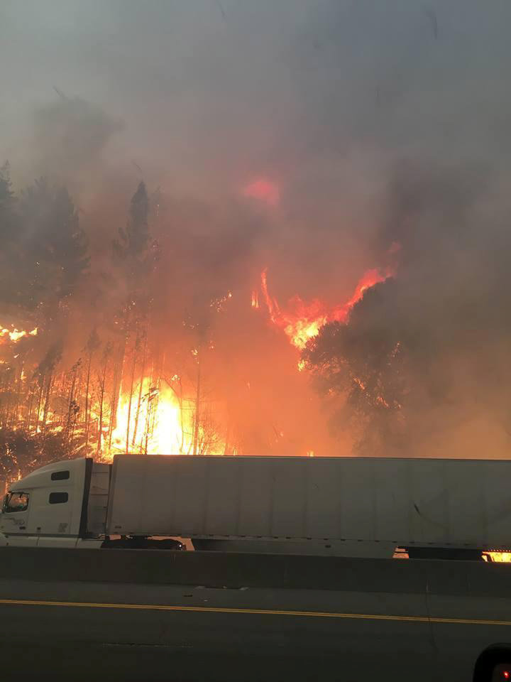 Flames engulf trees along interstate 5 in the Shasta-Trinity National Forest as a tractor trailer drives by north of Redding, California, U.S., September 5, 2018. Courtesy U.S. Forest Service/Handout via REUTERS