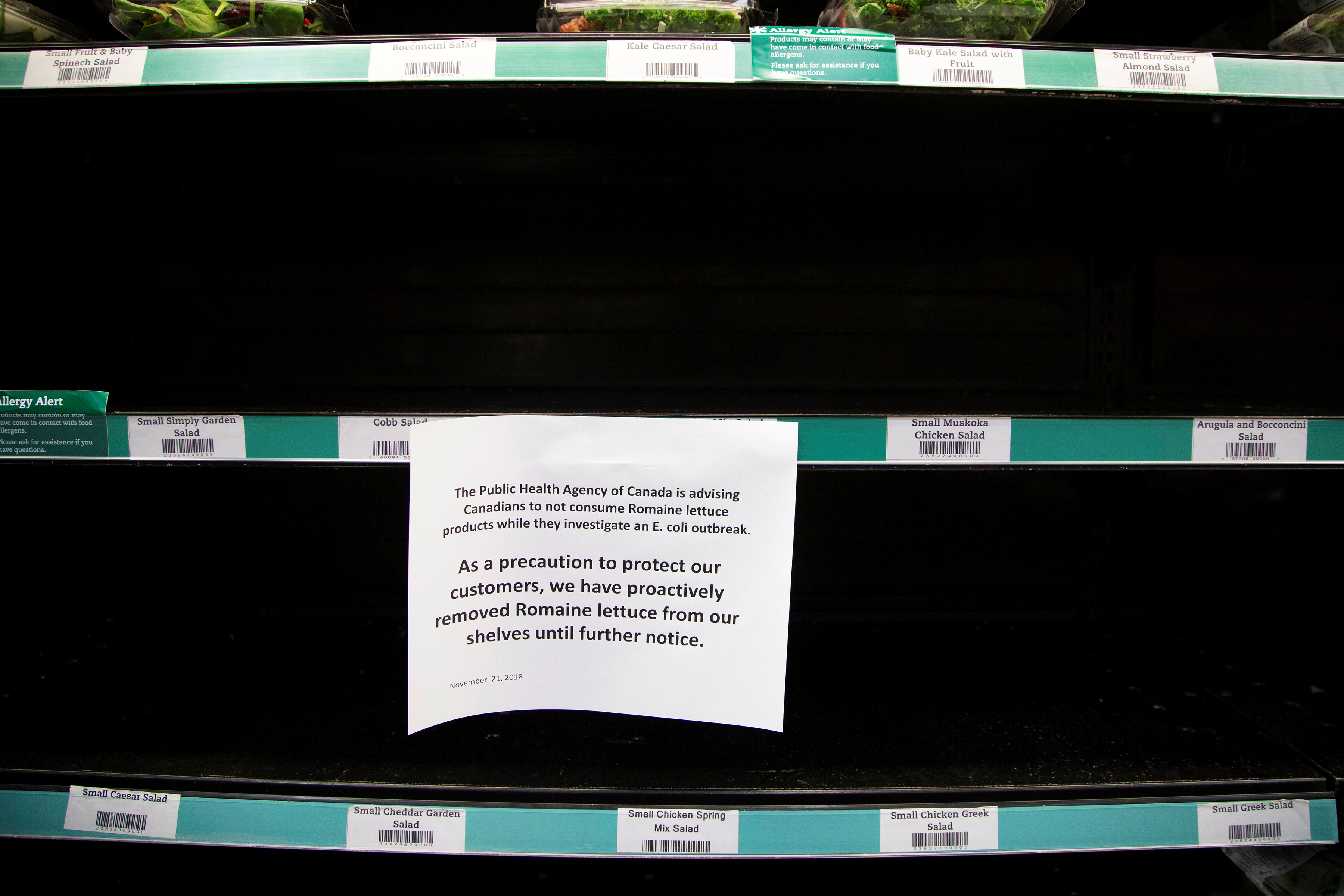 FILE PHOTO: Romaine lettuce has been taken off the shelf for fear of an E. coli outbreak at this grocery store in Toronto, Ontario, Canada November 21, 2018. REUTERS/Carlos Osorio