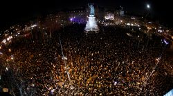 People attend a national gathering to protest antisemitism and the rise of anti-Semitic attacks in the Place de la Republique in Paris, France, February 19, 2019. Picture taken with a fish-eye lens. REUTERS/Philippe Wojazer