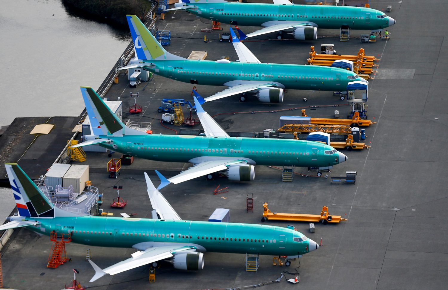 FILE PHOTO: An aerial photo shows Boeing 737 MAX airplanes parked at the Boeing Factory in Renton, Washington, U.S. March 21, 2019. REUTERS/Lindsey Wasson