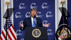 U.S. President Donald Trump addresses the Republican Jewish Coalition 2019 Annual Leadership Meeting in Las Vegas, Nevada, U.S., April 6, 2019. REUTERS/Kevin Lamarque