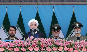 FILE PHOTO: Iranian President Hassan Rouhani delivers a speech during the ceremony of the National Army Day parade in Tehran, Iran April 18, 2019. Tasnim News Agency/via REUTERS
