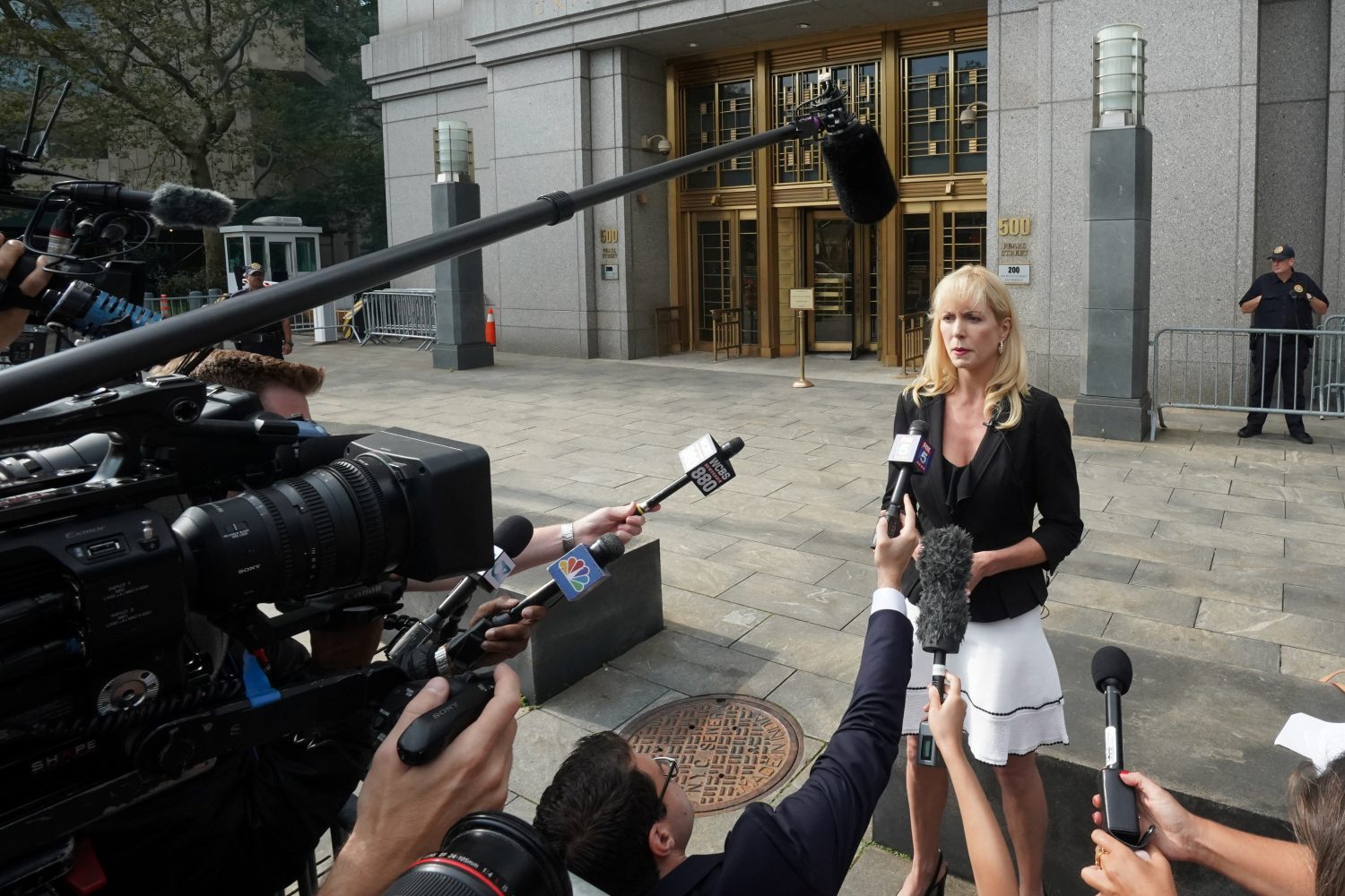 Attorney Sigrid McCawley, lawyer for Jeffrey Epstein's alleged victims, speaks outside Manhattan Federal Court following a hearing in a defamation lawsuit filed by one of Jeffrey Epstein's alleged victims, Virginia Giuffre, in New York, U.S., September 4, 2019. REUTERS/Bryan R Smith