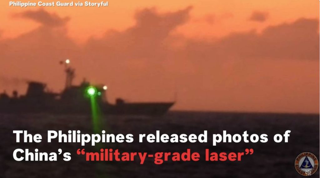Philippines being harassed by Chinese Coast Guard using green laser to